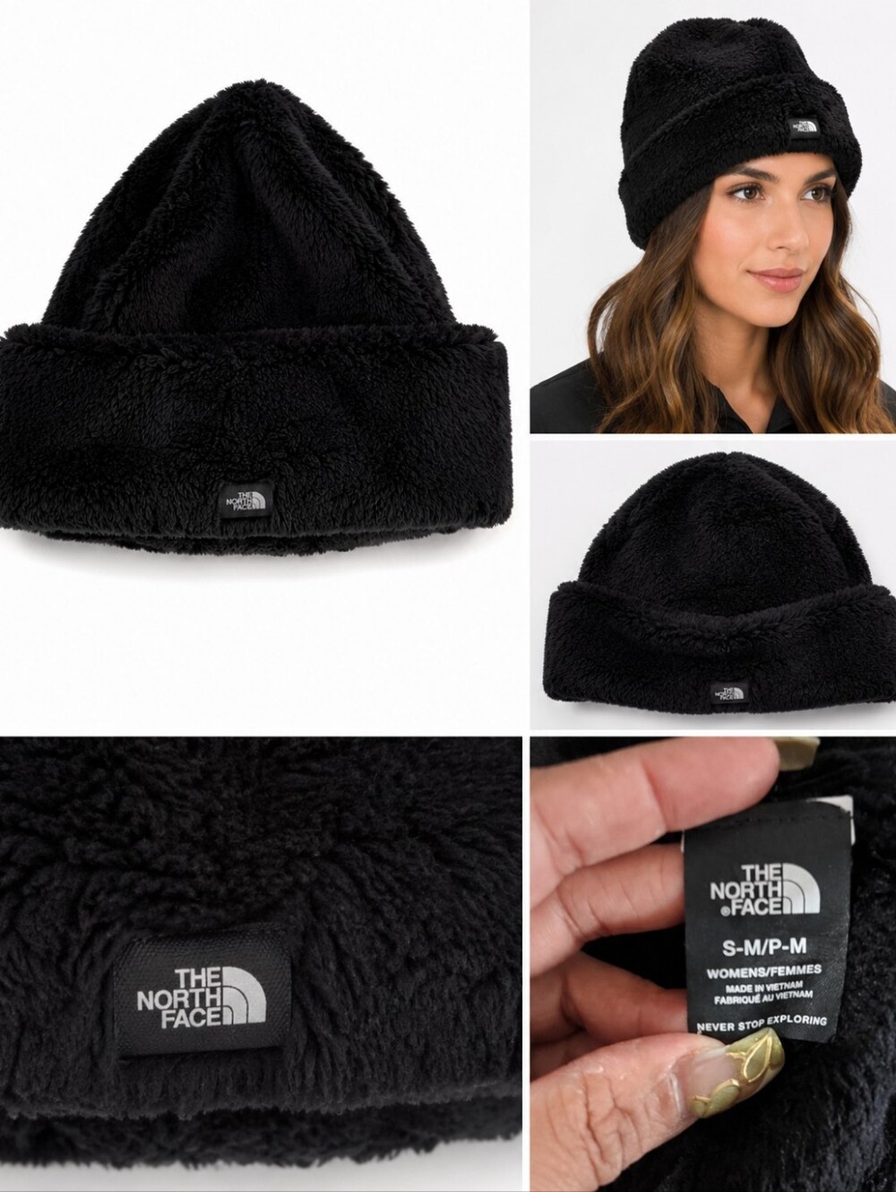 The North Face Women's Black Fuzzy Fleece Beanie Hat OS Winter Warm Soft.